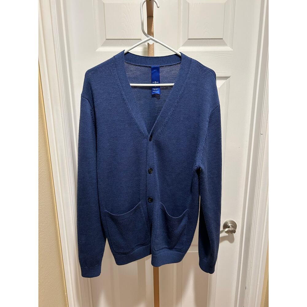 Kit and Ace Travel On Button V Neck Cardigan, Merino Wool, Blue, Large